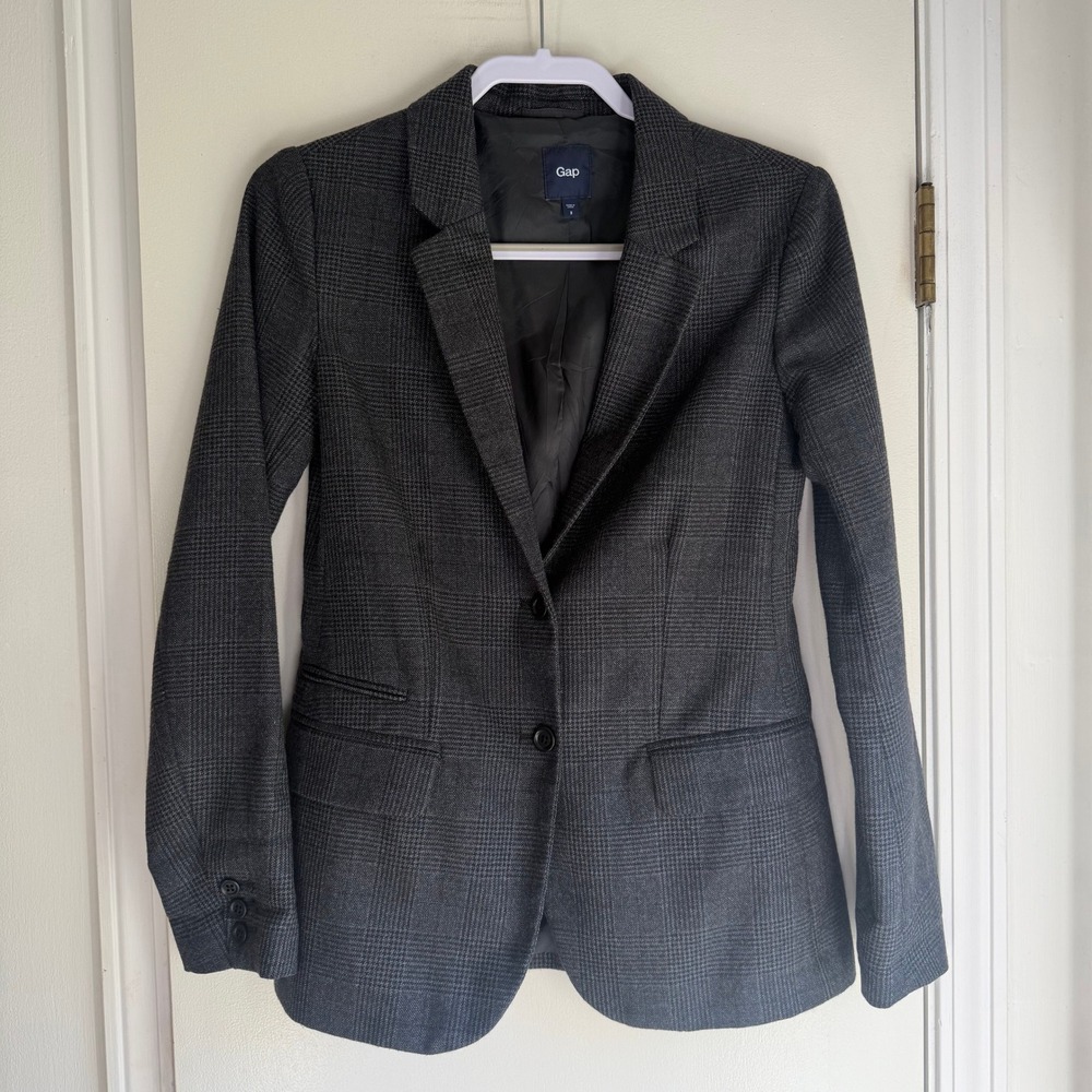 Gap Womens Charcoal Grey Glen Plaid Wool Blend Two Button Blazer Size 2